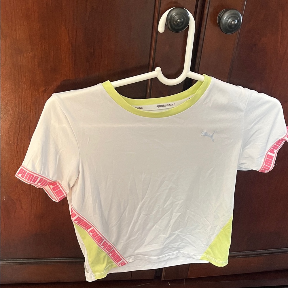 Puma womens White Tee with Yellow and Pink Accents (workout shirt)